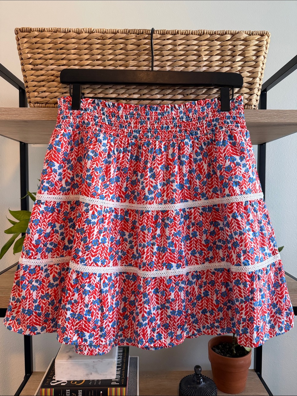 J. Crew Smocked Tiered Smocked Woven Poplin Skirt w/ Embroidery, S
